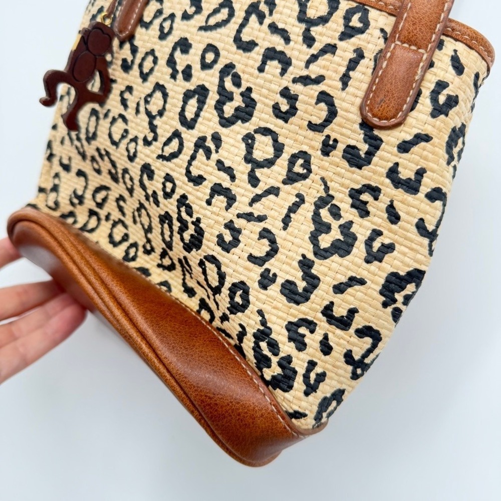 Liz Claiborne Shoulder Bag Leopard Print Straw Woven Brown Tan Small - Picture 8 of 14